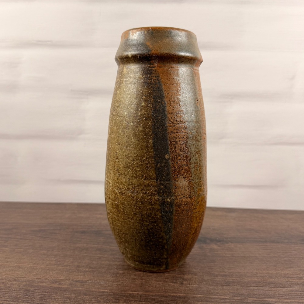 Vintage Studio Pottery Brown Glazed Tapered Stoneware Vase Signed 9.25 Inch